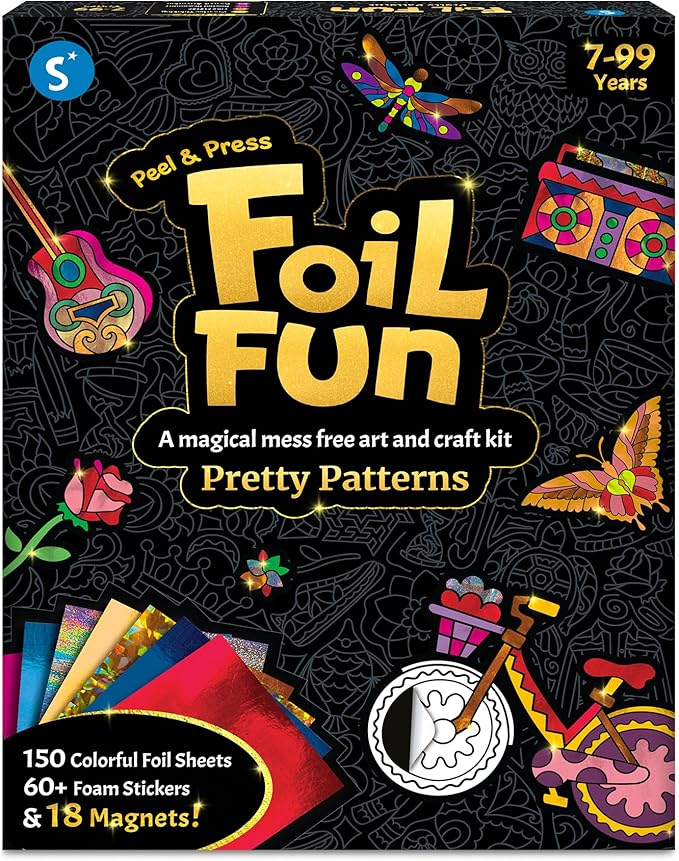 Skillmatics Foil Fun - Pretty Patterns, 18 DIY Magnets Mess-Free Art, Colorful Creative Party Activity, Craft Kits, 60+ Foam Stickers, Gifts for Kids, Teens, Adults, Families