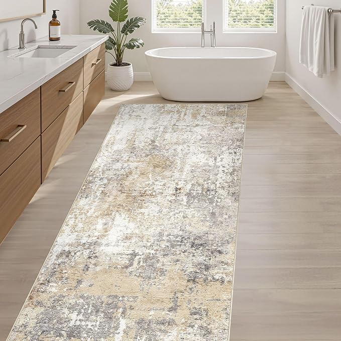 Runner Rug Kitchen Washable Rugs: 2x6 Non-Slip Abstract Soft Modern Stain Resistant Indoor Floor Neutral Accent Throw Carpet for Hallway Bathroom Laundry Room Entryway Bedroom- Gray Gold