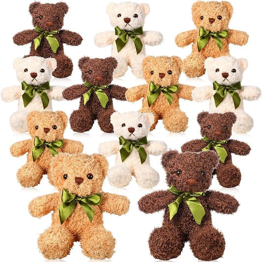 HyDren 12 Pack Bear Stuffed Animals 10 Inch Operation Christmas Bulk Items Small Bear Party Favors Plush Toys for Baby Shower Centerpiece Christmas Birthday Gifts(White, Light Brown, Dark Brown)