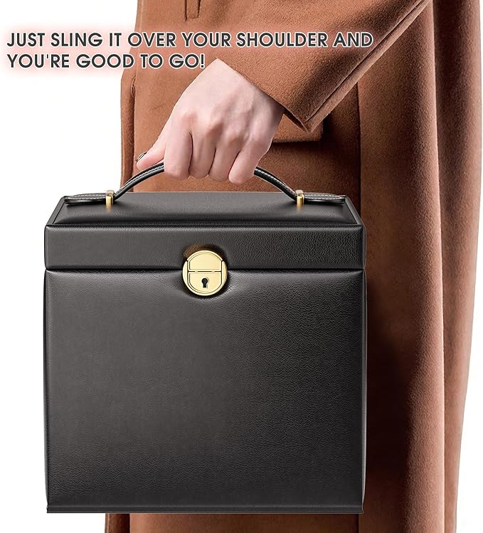 5-Layer Jewelry Box with 4 Drawers, Huge Portable Jewelry Organizer with Lock and Mirror for Women, for Necklace Ring Earring Bracelet Storage, Lockable Jewelry Case, Black