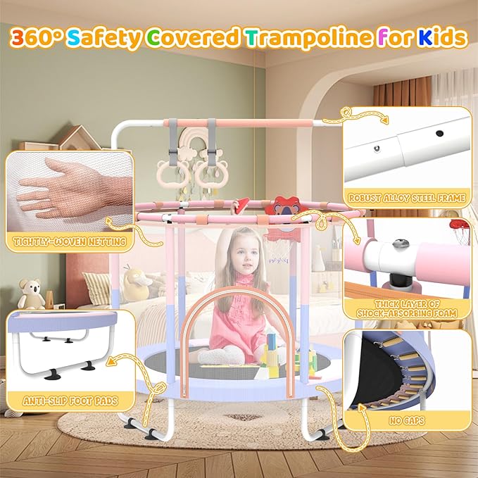 60'' Toddler Trampoline with Safety Enclosure Net, Trampoline for Kids Certified by ASTM USA 2-8 Year Old for Indoor, Lawn Garden