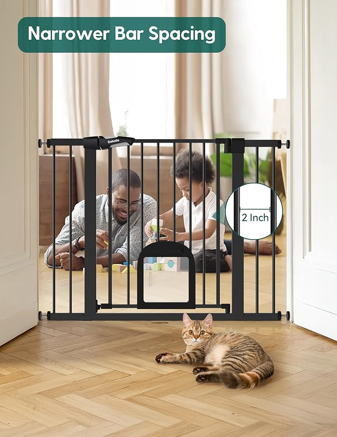 Babelio 36" Tall Upgraded Baby Gate with Cat Door,29-43" Auto Close Durable Dog Gate for Stairs,Doorways and House,Easy Walk Thru,Includes 4 Wall Cups,Black