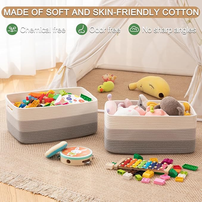 Large Storage Basket for Organizing, Woven Rope Basket for Shelves, Closet Organizer Bins for Clothes, Blanket, Toys, Baby Nursery Storage, 17.7" x 13" x 7.87", 2 Packs Gradient Grey