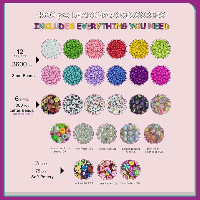PHODDR 4300pcs Beads Bracelet Making Kit ，Beads for Jewelry Making Kit Supplies, Friendship Bracelet kit， Birthday Christmas Gifts for Girls Ages 5 6 7 8 9 10 11 12 Years Old