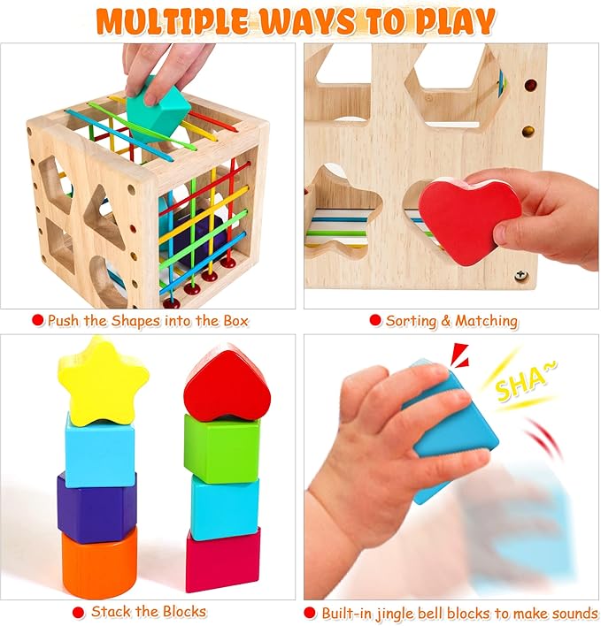 Montessori Toys for 1+ Year Old, Wooden Sorter Cube with 8pcs Rattling Shapes, Developmental Learning Toy Gifts for Baby Toddler Boys Girls, Gift Packaging