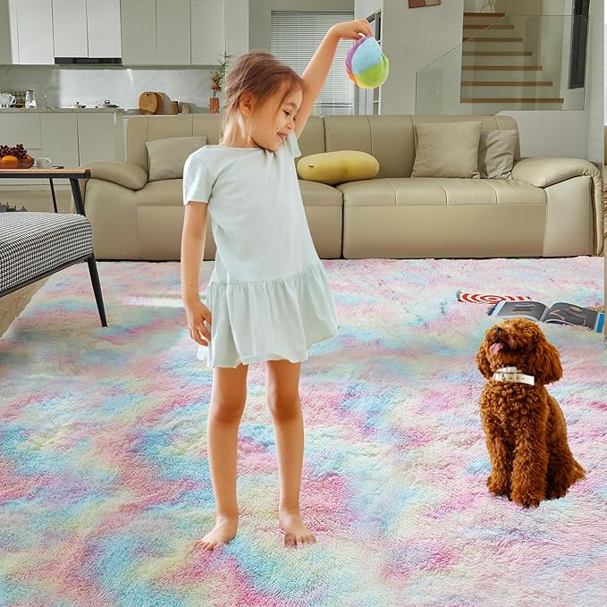 Ultra Soft Rug for Living Room, 8X10 Fluffy Shag Area Rug for Bedroom, Modern Shaggy Carpets Fuzzy Rug for Teens Dorm Nursery Home Decor Aesthetic, Upgrade Anti-Skid Durable, Rainbow
