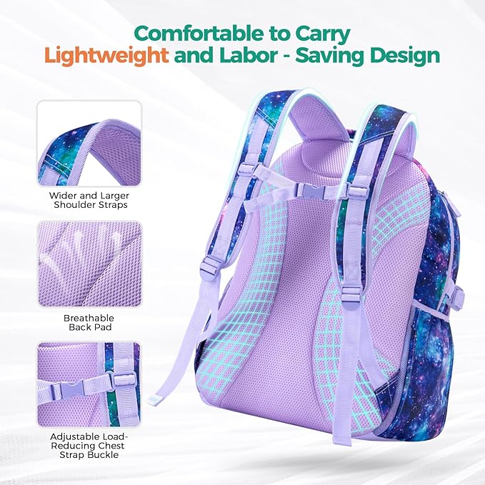 Choco Mocha Backpack for Girls, Elementary School Backpack for Girls Ages 6-8 Kids Kindergarten Backpack Bookbag 17 Inch with Chest Strap, Purple