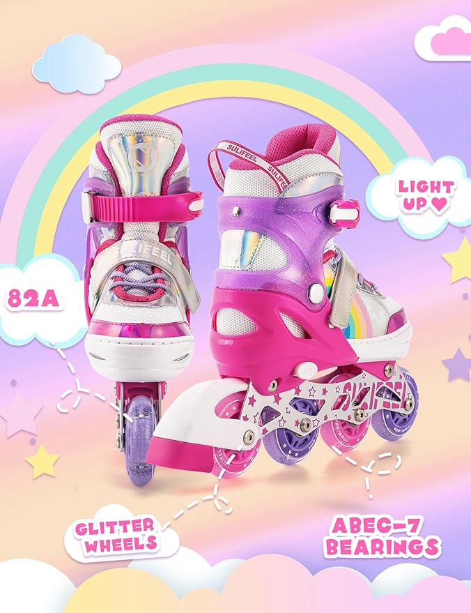 SULIFEEL Rainbow Unicorn Inline Skates for Girls Boys 4 Size Adjustable Light up Wheels Skates for Kids Beginner