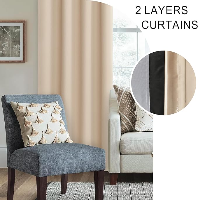 XWZO 100% Beige Blackout Window Curtains with Tiebacks- Noise Reduction and Light Blocking Rod Pocket Curtains with Black Liner for Studio, Basement Room, Biscotti Beige, W42 x L45, Set of 2 Panels