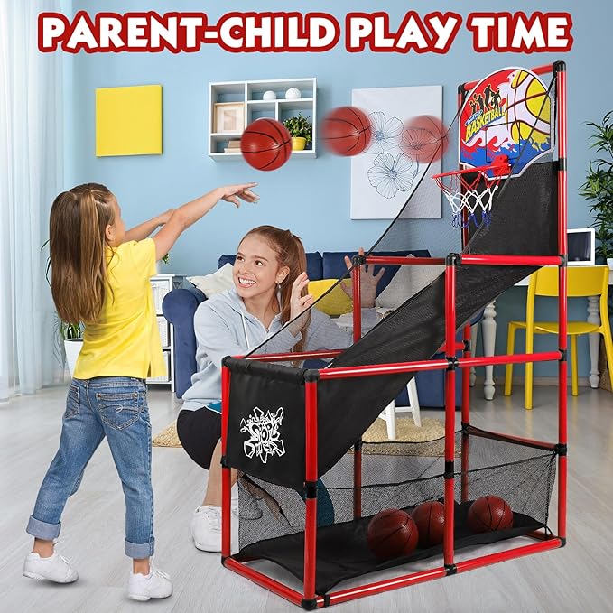 AOKESI Arcade Basketball Game Set Indoor for Kids Basketball Hoop Outdoor Sports Play Toy for Toddler Boys Girls 3-5 6-7 8-12 Years Old Adjustable Height with 4 Balls