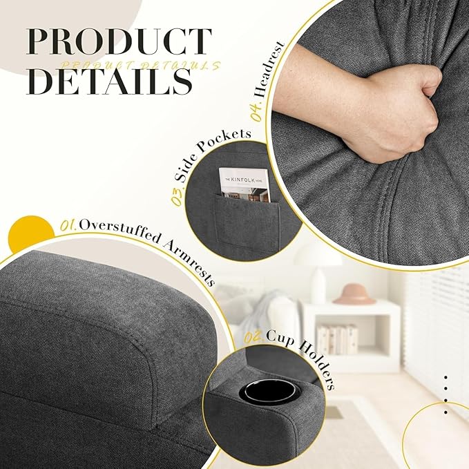 Recliner Chair, 360° Swivel Rocker Chair for Adults, Rocking Recliner Chair with Massage, Comfy Single Sofa with Side Pockets Cup Holders for Living Room, Bedroom, Nursery (Fabric, Dark Gray)