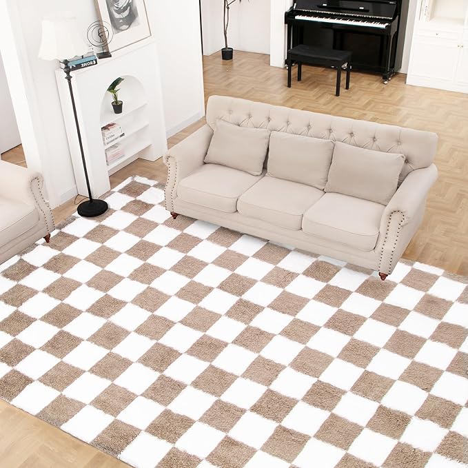 Super Soft Rug for Bedroom, 5x8 Ft Beige and White Area Rug Classic Checkered Shaggy Anti-Skid High Pile Soft Fluffy Rug Fuzzy Carpet for Living Room Bedroom Kids Room Nursery, Dorm Home Decor