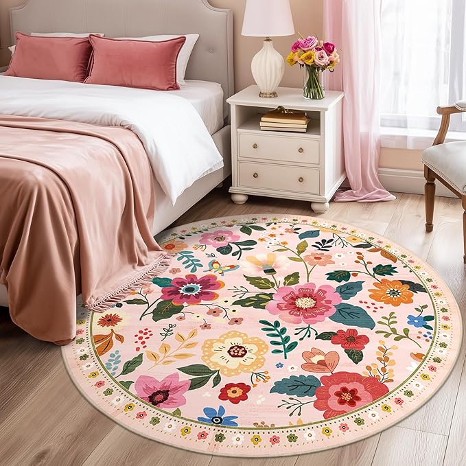 Floral 8ft Area Rug Machine Washable Soft Print Boho Carpet Non Slip Doormat Low Pile Flower Area Rugs for Living Room Bedroom Nursery Kitchen Dining Room Indoor-Pink