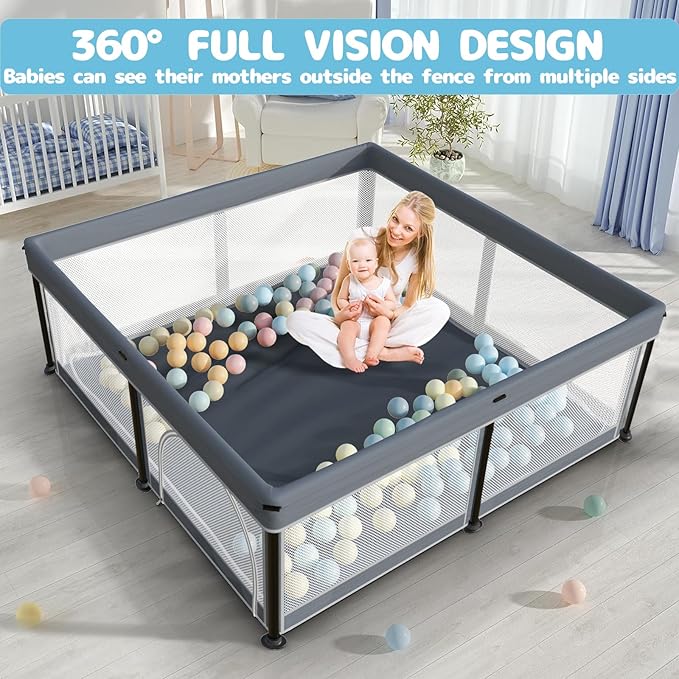 TOREVSIOR Foldable Baby Playpen with Mat, 50"×71" F oldable P laypen for Babies and Toddlers, Indoor & Outdoor Kids Safety Play Pen, Portable Play Yard, Foldable Baby Playpen with 50 Ocean Balls