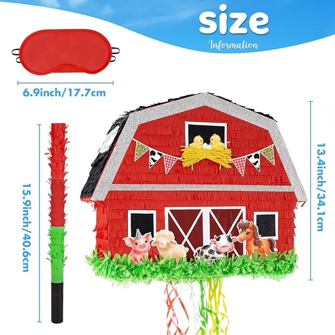 WERNNSAI Red Farm Animal Piñata - Farm Baby Shower Decorations Animal Pinata Party Game for Kids Birthday Celebrations Milk Farm Party Favor Supply with Bat Blindfold