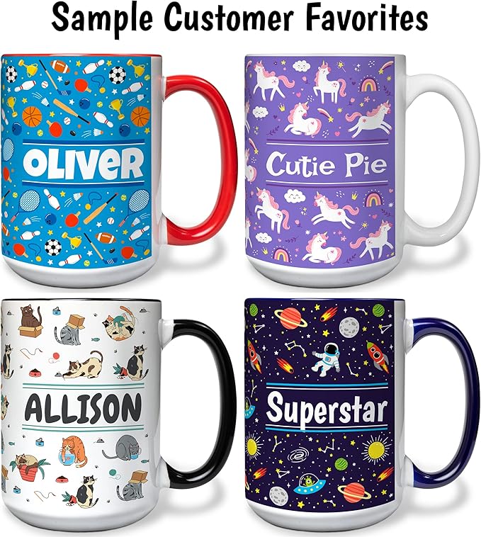 Personalized Mug for Kids - Sports - Custom Name/Text, Ceramic Hot Chocolate/Cocoa/Coffee Cup for Boys/Girls, Birthday/Christmas/Holiday Gift - 15 oz, Black Handle