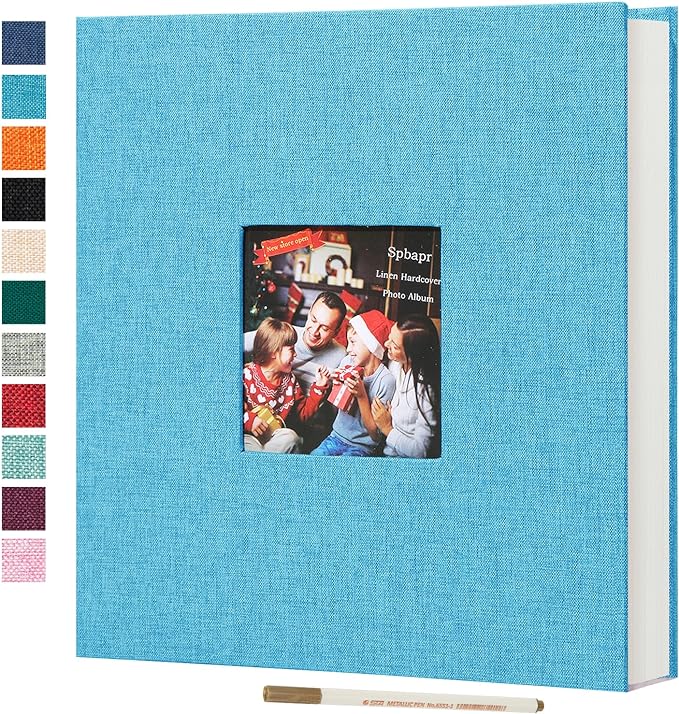 Spbapr Large Photo Album Self Adhesive 4x6 5x7 8x10 10x12 Pictures Magnetic Scrapbook 40 Blank Pages Linen Cover DIY Album with A Metal Pen