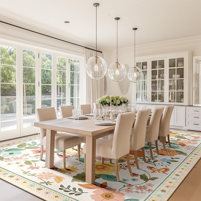 Floral 9x12 Area Rug Machine Washable Soft Print Boho Carpet Non Slip Doormat Low Pile Flower Area Rugs for Living Room Bedroom Nursery Kitchen Dining Room Indoor-Beige/White/Orange