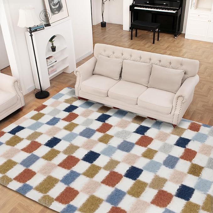 Super Soft Rug for Bedroom, 4x6 Ft Rainbow Area Rug Classic Checkered Shaggy Rug Anti-Skid High Pile Soft Fluffy Fuzzy Carpet for Living Room Bedroom Kids Room Nursery, Dorm Home Decor