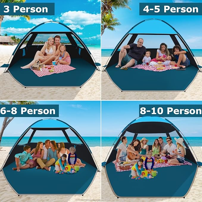 COMMOUDS Beach Tent Sun Shade for 3/4-5/6-7/8-10 Person, UPF 50+ Beach Sun Shelter Canopy Tent, Lightweight, Easy Set Up and Carry