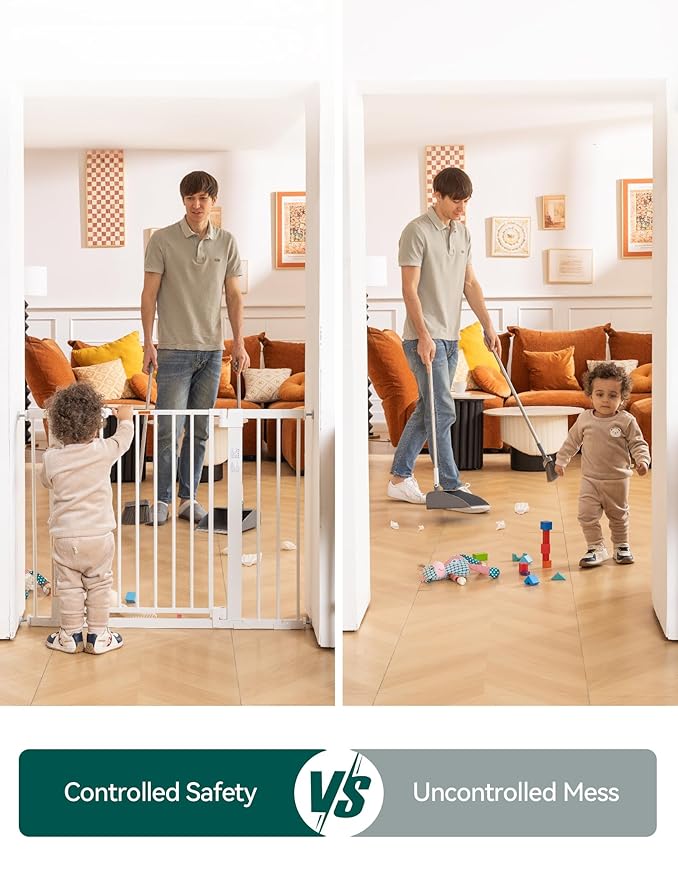 Babelio 29-43" Magnetic Baby Gate for Stairs,Doorways House,Kitchen,30" Tall Pet Barrier with Baffles,Pressure Mounted & Dual-Lock Design Safety for Kids Toddler,Auto-Close/Hold-Open,White