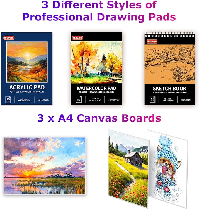 iBayam Arts and Crafts Kits for Kids Teens Girls Boys Adult, 195-Pack Deluxe Art Set Box with 3 PCS Drawing Pads, Canvases, Acrylic Painting, Drawing & Art Supplies for Pumpkin, Halloween, Christmas