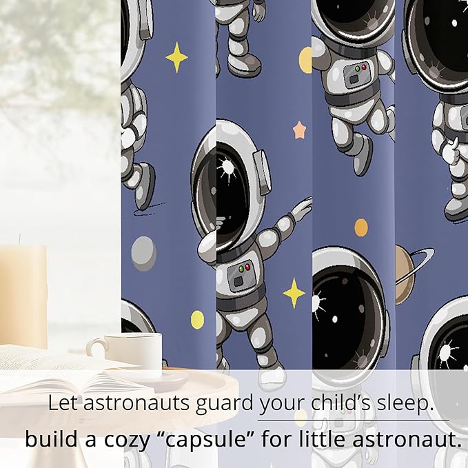 Kids Astronaut Blackout Curtains - 100% Blackout, Thermal Insulated, Noise Reducing, Perfect for Kids Room and Nursery, 2 Panels (Spacewalk Buddies, W52×L84)