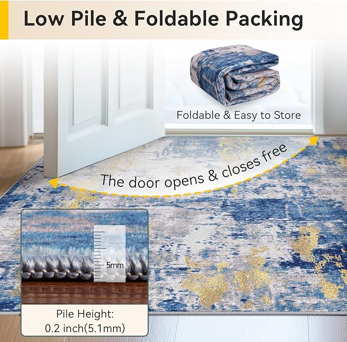 Washable Area Rugs 9'x12' Non-Slip Modern Abstract Soft for Living Room Entryway Bedroom Nursery, Print Pattern, Grey Blue Gold/Golden