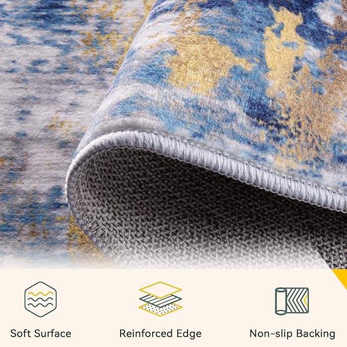 Washable Area Rugs 5'x7' Non-Slip Modern Abstract Soft for Living Room Entryway Bedroom Nursery, Print Pattern, Grey Blue Gold/Golden
