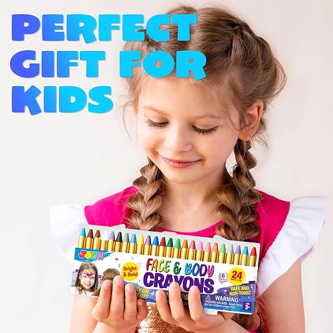 JOYIN 24 Colors Face Paint Safe & Non-Toxic Face and Body Crayons (Large Size 3 inch) Ultimate Party Pack Including 6 Metallic Colors for Birthday Toy Makeup Party Suppiles, Gifts for Kids Girls Boys