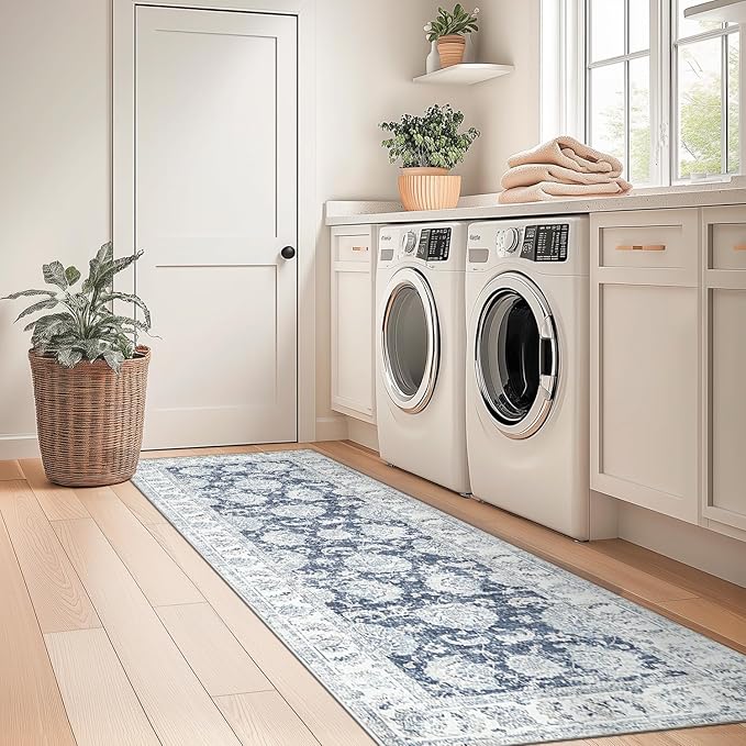 jinchan Runner Rug 2x5 Machine Washable Hallway Rug Dark Blue Vintage Floral Print Non-Slip Low Pile Ultra-Thin for Kitchen,Entryway,Laundry Room,Bedroom,Farmhouse (2‘x5’,Dark Blue)