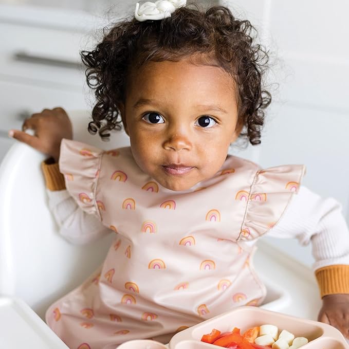 Tiny Twinkle Mess Proof Baby Bib - Waterproof & Lightweight Baby-Led Weaning Apron | 100% Recycled Polyester, Easy Clean & Machine Washable (Boho Rainbow, Large 2-4 Years)
