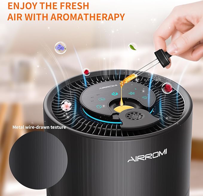 AIRROMI Air Purifier for Bedroom with HEPA 3-in-1 Filter, Pet Air Purifier for Home Cat Pee Smell, Covers Upto 990 Ft², Quiet 360°intake Air Cleaner for pet hair,allergies,Dust,Smoke A2001 Black