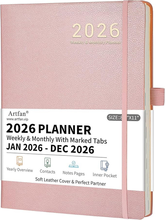 2026 Planner - JAN 2026 - DEC 2026, Planners 2026, Planner Weekly and Monthly, Leather Cover Calendar Planers with Thick Paper, Back Pocket with Notes Pages, Pink (8.5" x 11")