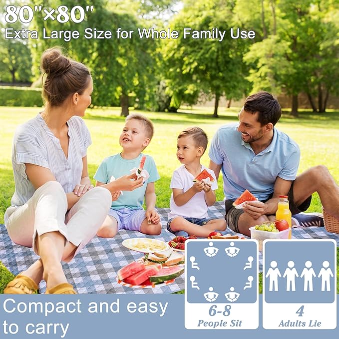 Extra Large Picnic Blanket 80''x 80'' Waterproof Foldable Picnic Mat for Beach, 5-Layer Outdoor Blanket for 6 to 8 Adults,Camping Grass Lawn Park Accessories Couple Park Wedding Registry(Blue Gray)
