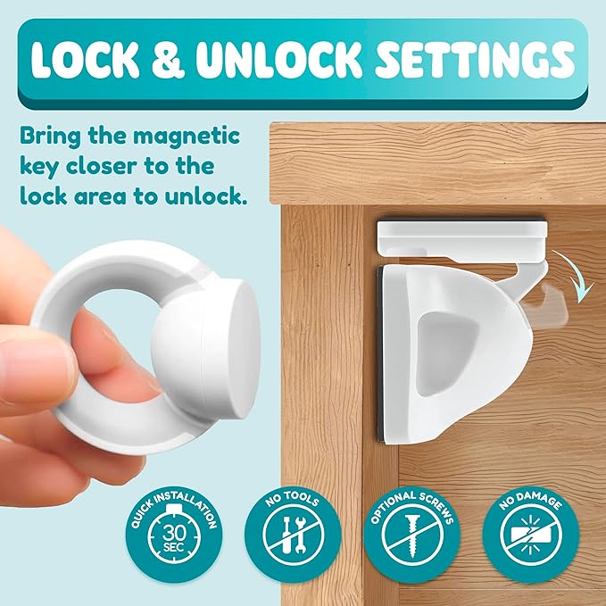 Booboo® Magnetic Child Safety Cupboard Locks for Children x10 Locks + x1 Key, Baby Proofing for Kitchen, Cabinets and Drawers, 30 Second Install No Drilling 3M Adhesive (10 Pack)