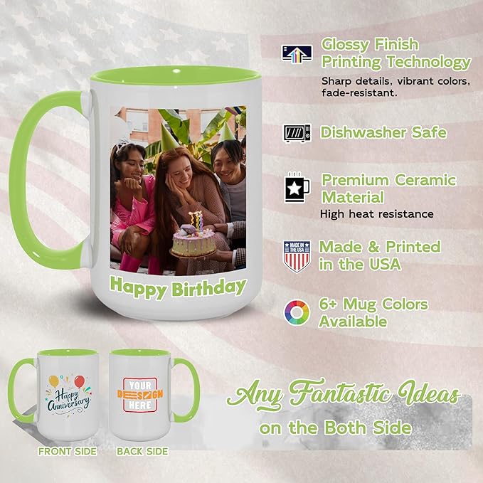Custom Mug Upload Your Picture Personalized Coffee Mug with Photo Text Name Customized Cup Unique Ideas Gifts for Men Women Mom Dad Girlfriend Boyfriend Friend Family (Green, 15oz)