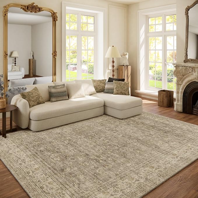 Machine Washable Rugs for Living Room: 6x9 Area Rugs for Bedroom Vintage Stain Resistant Non Slip Low Pile Lightweight Boho Carpet for Kitchen Dining Room Farmhouse Kids Room Nursery