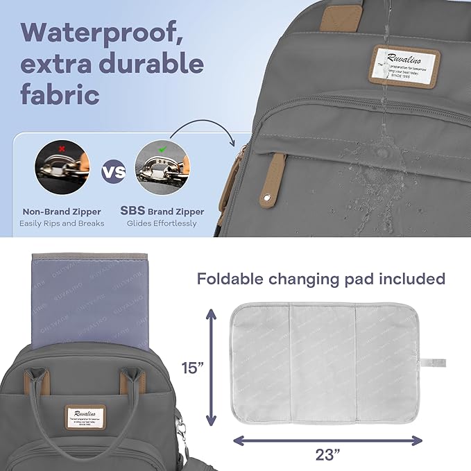 RUVALINO Diaper Bag Backpack, Multifunction Travel Back Pack Maternity Baby Changing Bags, Large Capacity, Waterproof and Stylish, Iron Gray