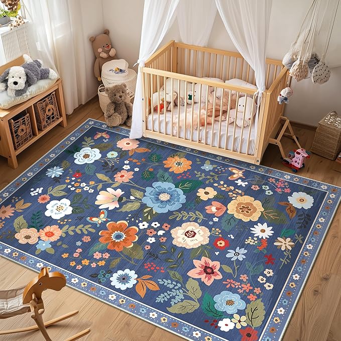 Floral 8x10 Area Rug Machine Washable Soft Print Boho Carpet Non Slip Doormat Low Pile Flower Area Rugs for Living Room Bedroom Nursery Kitchen Dining Room Indoor-Blue/Grey