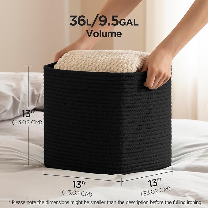 joybest Cube Storage Bins Set of 4, 13inch Cube Baskets Organizer for Nursery, Square Cotton Rope Baskets for Shelves Organizing, Kids Toy, Closet Storage, Black