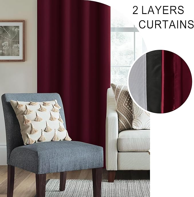 XWZO 100% Blackout Curtains with Tiebacks- 2 Thick Layers Completely Shaded Window Treatment Thermal Insulated Lined Drapes for Bedroom/Patio Door, Rod Pocket, Burgundy, W52 x L84, Set of 2 Panels