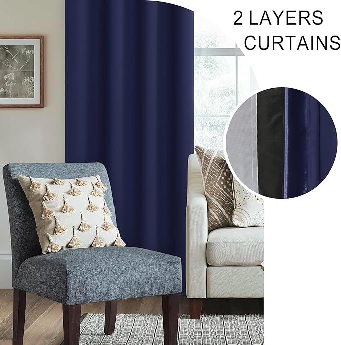 XWZO 100% Blackout Curtains with Tiebacks- Thermal Insulated Black Liner Curtains, Noise Reducing and Heat Blocking Rod Pocket Drapes for Hall and Studio Windows, Navy Blue, W52 x L95, Set of 2