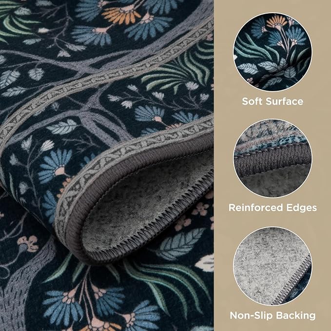 Joydeco Machine Washable Area Rugs 5x7, Boho Floral Rug for Bedroom Non Slip, Soft Forest Botanical Low-Pile Floor Indoor Throw Carpet for Living Dining Room Dorm Office, Blue-Black