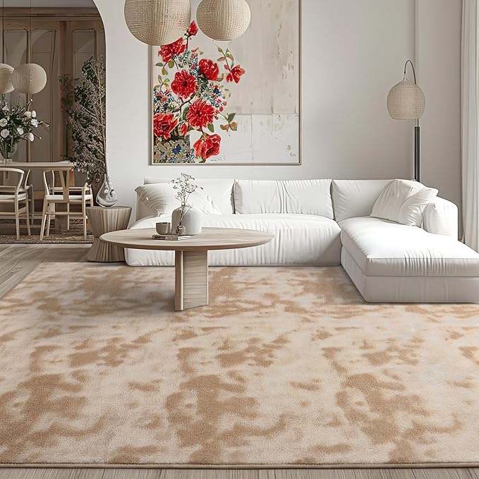 Kimicole 5x8 Washable Area Rugs for Bedroom Living Room, Low Pile Ulta-Thin Solid Color Rug, Non-Slip Soft Fluffy Carpet for Nursery Kids Room Dorm Room Home Decor (Light Tan)