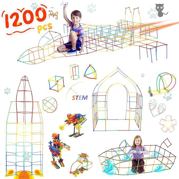 Ggiibro Straw Constructor Toys STEM Building Toys 1200Pcs Toys Aged for 3 4 5 6 7 8+ Interlocking Plastic Toys Engineering Toys Thin Tube Blocks Toy Educational Toy Kit for Classroom Kids Toys Set