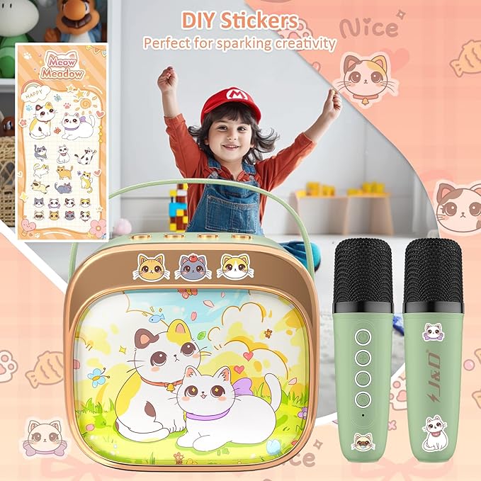 J&D Mini Karaoke Machine for Kids Adults, Portable Bluetooth Speaker with 2 Wireless Mics and Cat Sticker for Girls Boys Age 3–10 Birthday Gifts Princess Toys, Colorful LED, Green