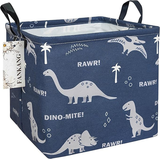 FANKANG Square Nursery Hamper Storage Bins Canvas Laundry Basket Foldable with Waterproof PE Coating Storage Baskets Gift Baskets for Children, Office, Bedroom, Clothes（Square-Blue dinosaur ）