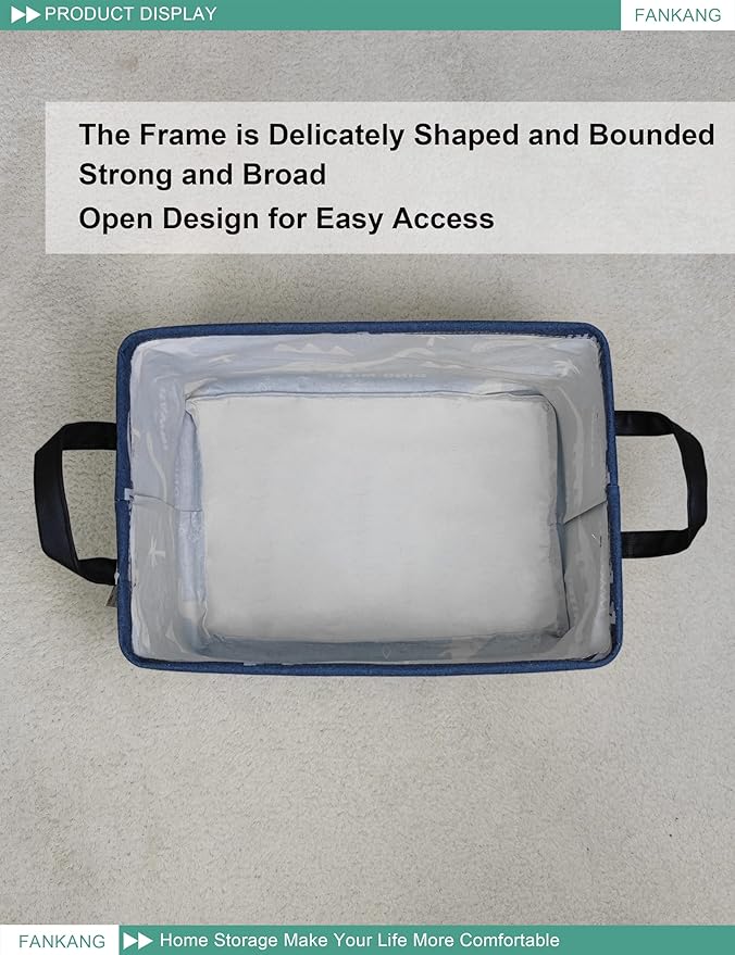 FANKANG Storage Bins, Nursery Hamper Canvas Laundry Basket Foldable with Waterproof PE Coating Large Storage Baskets for Kids Boys and Girls, Office, Bedroom, Clothes,Toys(Rec-Blue dinosaur