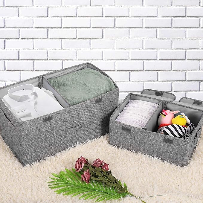 2 Pack Storage Boxes with Lids and Handles, Collapsible Linen Storage Bins Organizer Containers Baskets Cube with Removable Divider for Home Bedroom Closet Office (Khaki, Small)